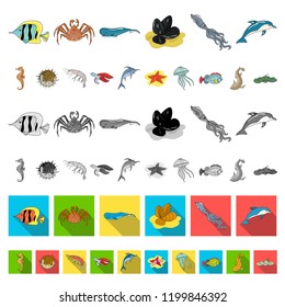 A variety of marine animals cartoon icons in set collection for design. Fish and shellfish vector symbol stock web illustration.
