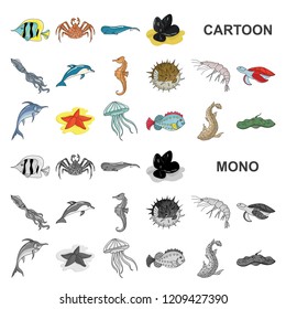 A variety of marine animals cartoon icons in set collection for design. Fish and shellfish vector symbol stock web illustration.