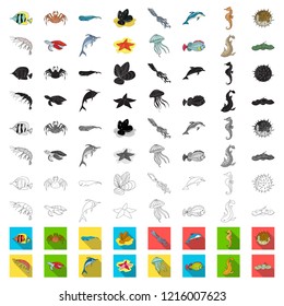 A variety of marine animals cartoon icons in set collection for design. Fish and shellfish vector symbol stock web illustration.