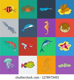 A variety of marine animals cartoon icons in set collection for design. Fish and shellfish vector symbol stock web illustration.