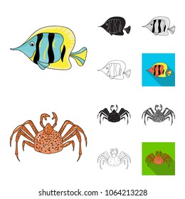 A variety of marine animals cartoon,black,flat,monochrome,outline icons in set collection for design. Fish and shellfish vector symbol stock web illustration.