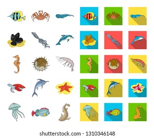 A variety of marine animals cartoon,flat icons in set collection for design. Fish and shellfish vector symbol stock web illustration.