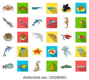 A variety of marine animals cartoon,flat icons in set collection for design. Fish and shellfish vector symbol stock web illustration.