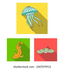 A variety of marine animals flat icons in set collection for design. Fish and shellfish vector symbol stock web illustration.