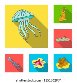 A variety of marine animals flat icons in set collection for design. Fish and shellfish vector symbol stock web illustration.