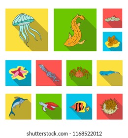 A variety of marine animals flat icons in set collection for design. Fish and shellfish vector symbol stock web illustration.