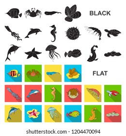 A variety of marine animals flat icons in set collection for design. Fish and shellfish vector symbol stock web illustration.