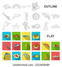 A variety of marine animals flat icons in set collection for design. Fish and shellfish vector symbol stock web illustration.