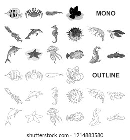 A variety of marine animals monochrom icons in set collection for design. Fish and shellfish vector symbol stock web illustration.