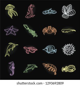 A variety of marine animals neon icons in set collection for design. Fish and shellfish vector symbol stock web illustration.