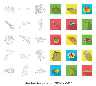 A variety  marine animals outline,flat icons in set collection  design. Fish and shellfish vector symbol stock web illustration.