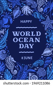 Variety of marine creatures doodle hand drawn, world ocean day