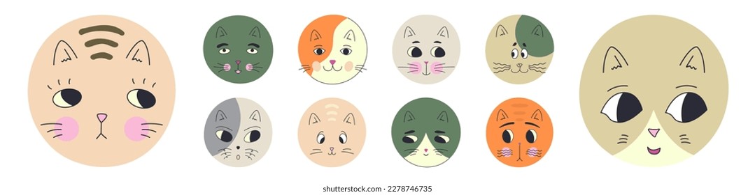 Variety mascots, black eyes cats. Cute creatures, different emotions, round kitty muzzle. Characters for social networks
