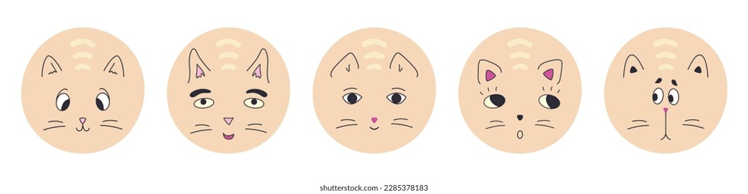 Variety mascots, black eyes cats. Funny creatures, different emoticons, round kitten muzzle. Characters for social networks
