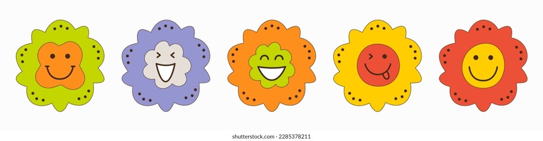 Variety mascots, cheery flowers. Funny creatures, different emoticons, spring floret. Characters for social networks
