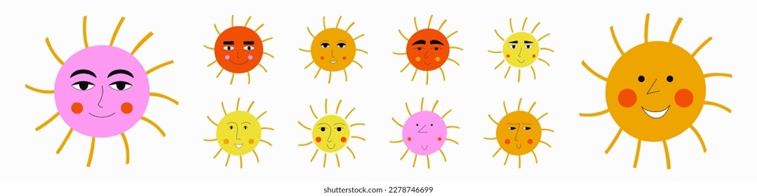 Variety mascots, cheery suns. Cute creatures, different emotions, sun rays. Characters for social networks
