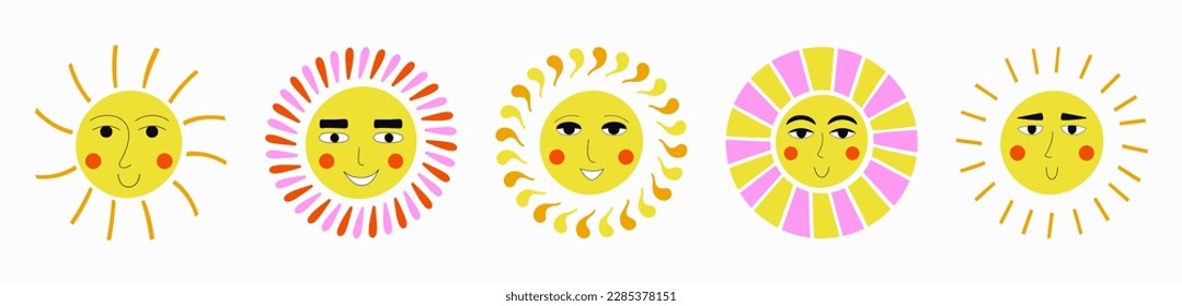 Variety mascots, cheery suns. Funny creatures, different emoticons, summer sun. Characters for social networks
