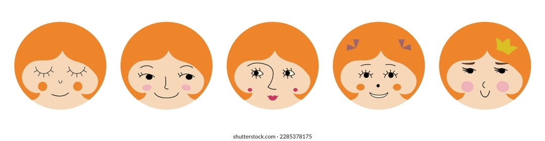 Variety mascots, pleasant girlish faces. Funny creatures, different emoticons, woman appearance. Characters for social networks
