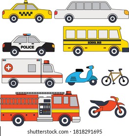 Una variedad de medios de transporte. autobús escolar. coche de policía. taxi. Ambulancia. Bicicleta. Motocicleta.