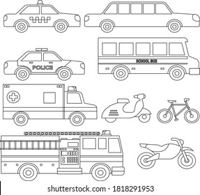 A variety of means of transportation. school bus. police car . taxi. Ambulance. Bicycle. Motorbike. coloring page