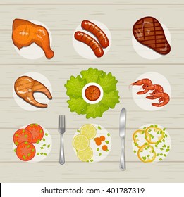 Variety of meat dishes: BBQ, chicken legs sausage and beef steak grilling stand on a table, vector illustration