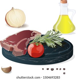 Variety of meat steaks on board with side products and herbs. Vector illustration.
