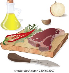 Variety of meat steaks on board with side products and herbs. Vector illustration.