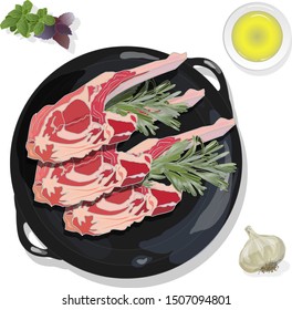 Variety of meat steaks on board with side products and herbs. Vector illustration.