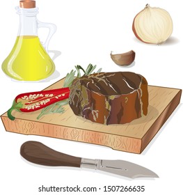 Variety of meat steaks on board with side products and herbs. Vector illustration.