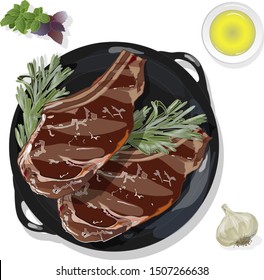 Variety of meat steaks on board with side products and herbs. Vector illustration.