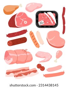 Variety of meat vector set fresh flesh butchery menu ingredients 