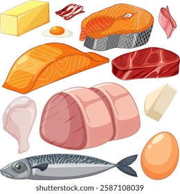 Variety of meats and seafood in vector style