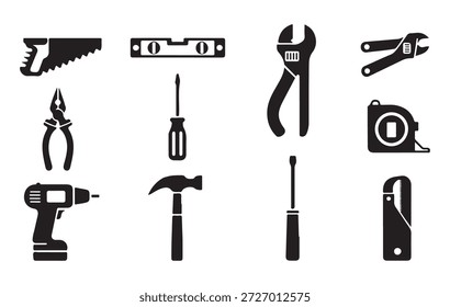 Variedade de instrumentos mecânicos para arranjo industrial e construção. Formas pretas sólidas para o manual técnico.