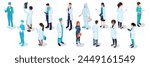 A variety of medical professionals in isometric style, set on a plain white background, illustrating healthcare and teamwork. Vector illustration