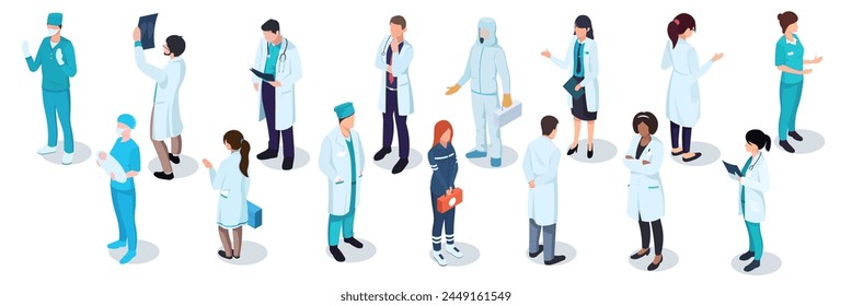 A variety of medical professionals in isometric style, set on a plain white background, illustrating healthcare and teamwork. Vector illustration