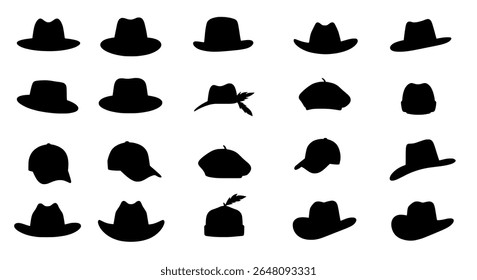 Variety of men's hat icons - stylized side and top view silhouettes - vector icons or decorative elements for branding, packaging, or layout design