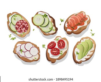 Variety of mini sandwiches with cream cheese- assorted canapes with cucumber, radish, tomatoes, salami, avocado, red fish appetizer on a white background, top view, vector illustration, flat compositi