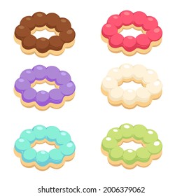 A variety of mochi donuts or Pon de Rings.Collection of various Donuts flavor.chocolate, strawberry, blueberry, white chocolate, Mint Chocolate, matcha flavor.Isolated on white background.