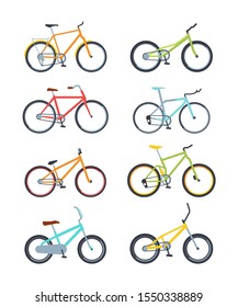 Variety of modern bikes flat vector illustrations set. Different types of bicycles. Collection of colorful eco vehicles. City transport. Bmx, road bike isolated cliparts on white background