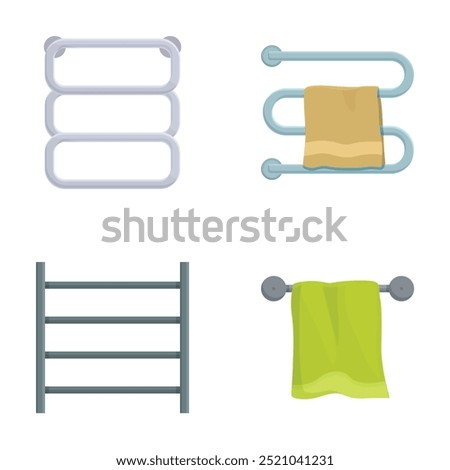 Variety of modern, minimalist towel rack variations with clean, simple, and flat design for bathroom accessories and home decor. Perfect for interior improvement and furnishing
