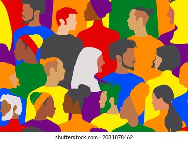 A variety of modern women and men of different nationalities and religions are painted in the colors of the rainbow. People seamless pattern. LGBT Pride Month. Vector.