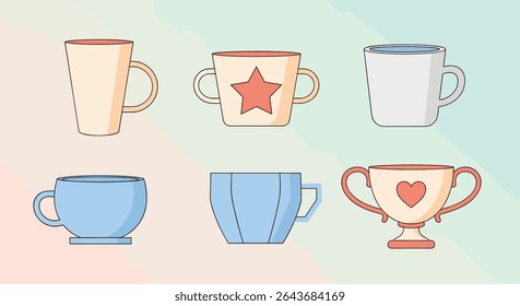 Variety of Mugs and Cups in Modern Style with Different Shapes and Colors
