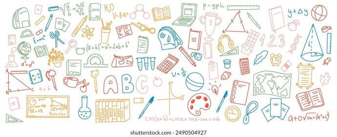 Variety of multicolored school supplies doodle vector set. Bundle of icons hand-drawn in simple art style ideal for educational materials