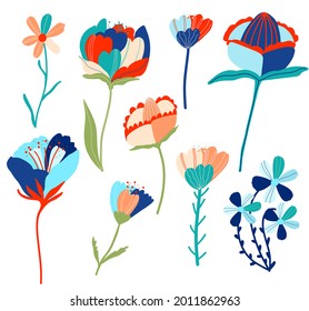 Vielfältige, mehrfarbige, trendige Blumen. Flache Vektorgrafik für Web, App, Druck, Schreibwaren. Elegante feminine, floristische, isolierte Kräuter. Garten, botanischer, minimalistischer Blumengarten. 