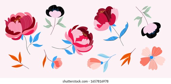 Variety of multicolour trendy flowers. Vector illustration for web, app and print. Elegant feminine rounded shape floristic isolated peony flowers. Garden, botanical, minimalistic floral set.