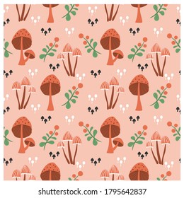 variety mushroom and plants seamless pattern