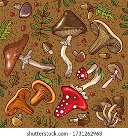 A variety of mushrooms, edible and inedible. Pattern.