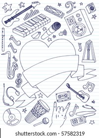 Variety of music related doodles with large heart banner for your text.