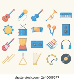 Variety of musical instruments depicted in a flat, colorful design.  Each instrument is displayed in a simple, stylized manner, giving a sense of a collection of diverse instruments.