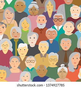 Variety Nationality Of Elderly People Cartoon Vector Illustration Square Background. Flat Design In Baby Bloomer Generation Man And Woman Faces. Happy Cute Old Aged Human Community Concept.